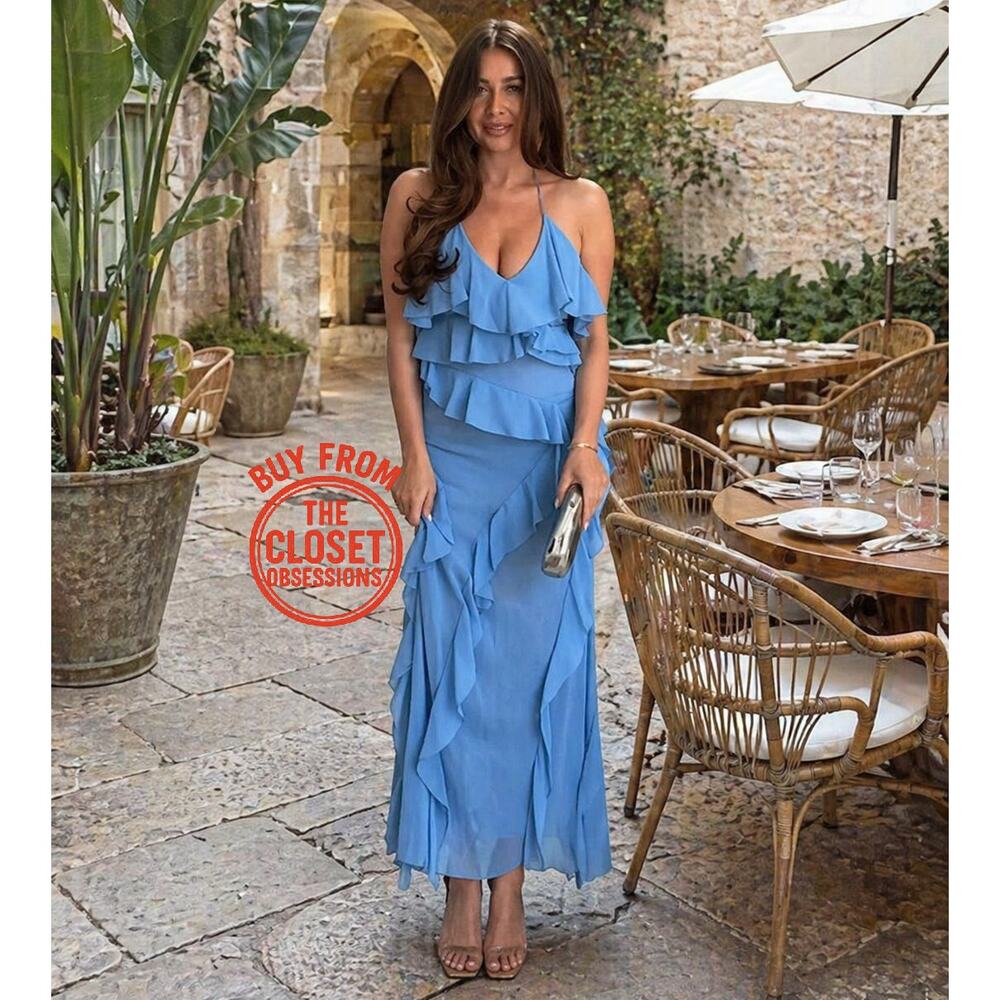 Zara Blue Ruffle Tiered Maxi Dress Strappy V-Neck Flowy Wedding Guest Size M L - Picture 9 of 16